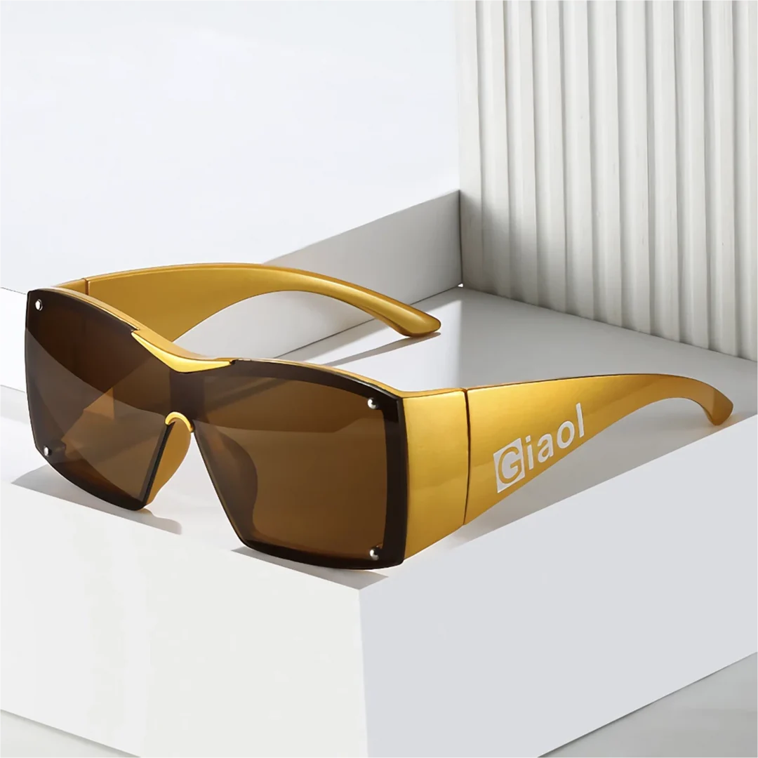 Oversized square sunglasses with black lenses and a durable plastic frame, offering UV400 protection and adaptive photochromic technology.
