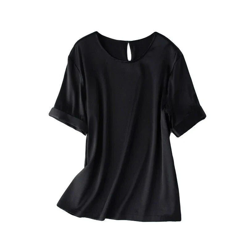 Elegant navy silk t-shirt with a classic, versatile design for the modern British woman's summer wardrobe