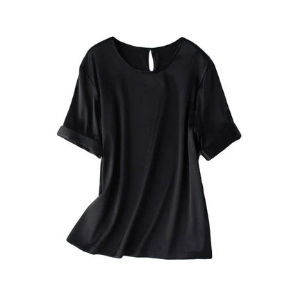 Elegant navy silk t-shirt with a classic, versatile design for the modern British woman's summer wardrobe