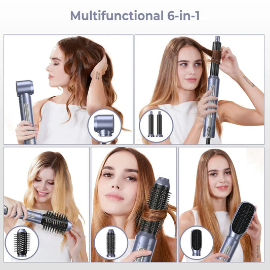 A 6-in-1 multifunctional hair dryer brush with multiple attachments for styling, drying, and volumising hair