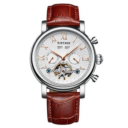 Automatic mechanical watch with genuine leather strap, featuring a stylish hollow-out dial design