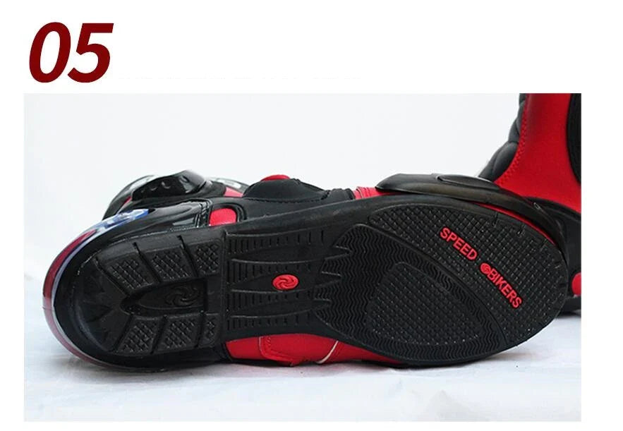 Premium motorcycle riding boots with durable microfiber leather, breathable mesh lining, and reinforced toe and heel for enhanced impact protection