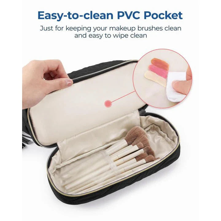 Double Layer Makeup Cosmetic Bag in soft pink colour with stylish tassel zippers and secure side clasps