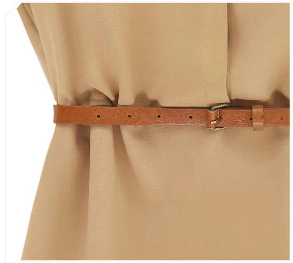Women's V-Neck Chiffon Mini Dress in Khaki and Navy Blue with Short Sleeves and Cinched Waist