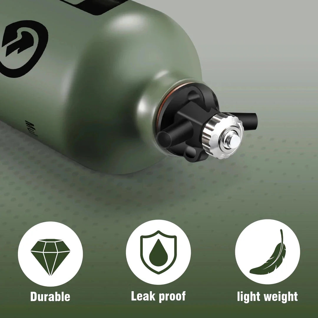 Portable aluminium liquid fuel storage bottle with safety cap and venting pipe, perfect for camping, hiking, and outdoor adventures