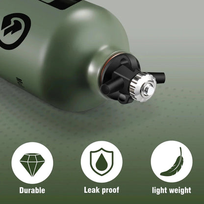 Portable aluminium liquid fuel storage bottle with safety cap and venting pipe, perfect for camping, hiking, and outdoor adventures