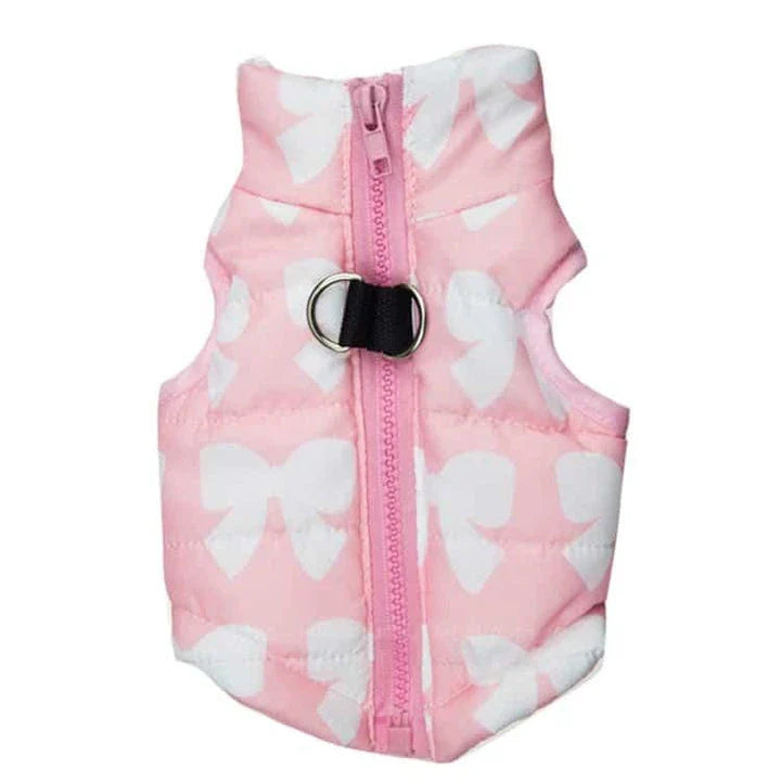 A cosy and stylish winter jacket for pets, featuring vibrant printed patterns and a snug, comfortable fit.