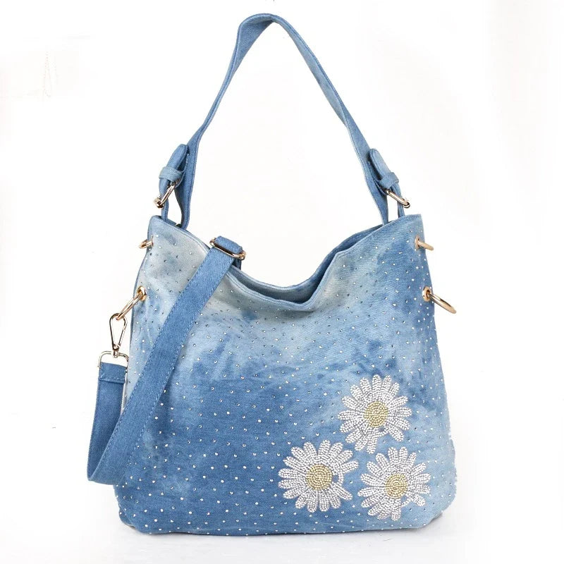 Denim Canvas One-Shoulder Messenger Bag in Blue and Black Colours
