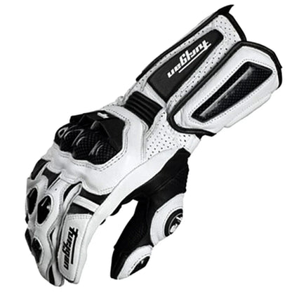 Premium motorcycle gloves made of leather and reinforced with carbon fibre for enhanced protection and breathability