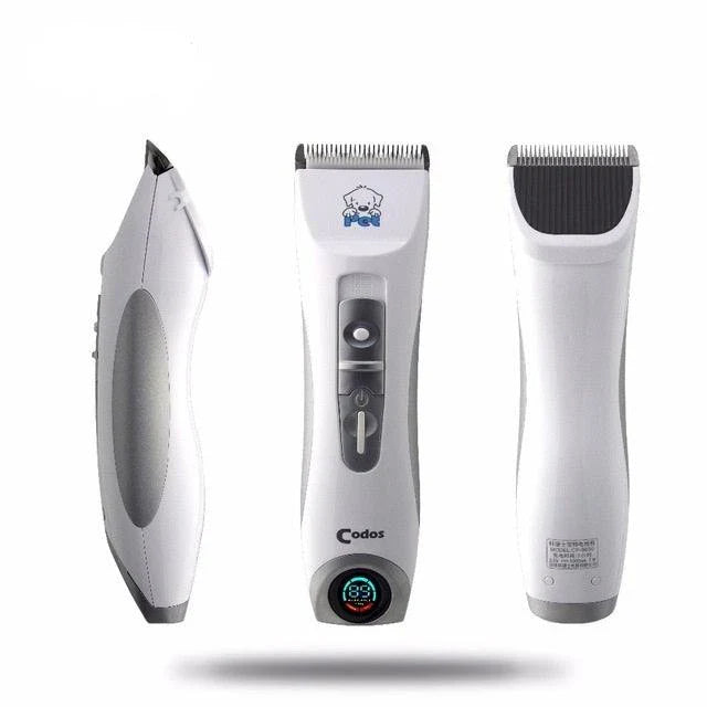 A modern, cordless electric dog grooming trimmer with an LCD display and multiple attachments for professional-quality pet grooming
