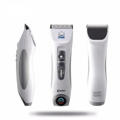 A modern, cordless electric dog grooming trimmer with an LCD display and multiple attachments for professional-quality pet grooming