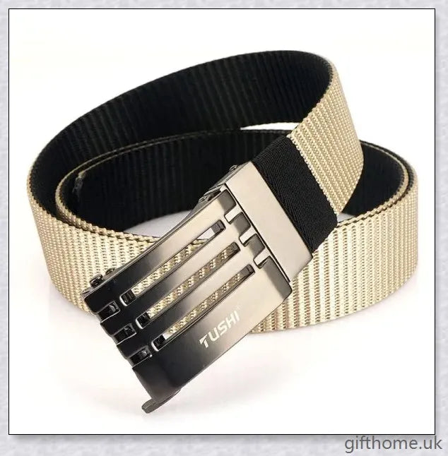 Premium automatic buckle belt with nylon and alloy construction, available in classic British colour options