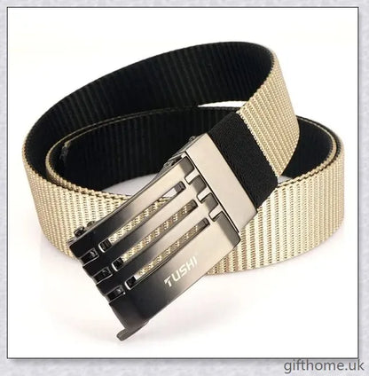 Premium automatic buckle belt with nylon and alloy construction, available in classic British colour options