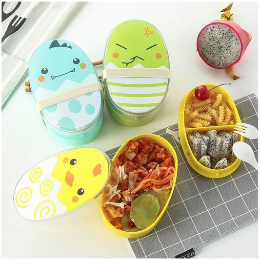 Egg-shaped children's lunch box in various colours, designed with durable plastic construction and insulated compartments to keep meals fresh and at the ideal temperature.