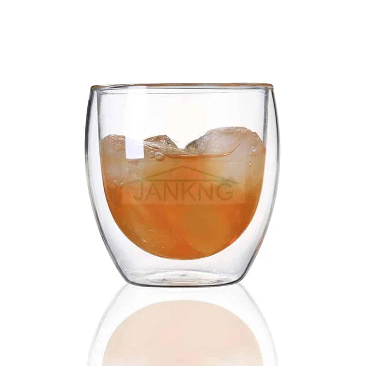 Stylish double-walled glass cup with elegant design, perfect for enjoying hot and cold drinks at the perfect temperature.