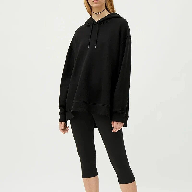 Oversized 100% cotton hoodie with Harajuku-inspired asymmetrical decoration, designed for casual comfort and style in Autumn and Winter.
