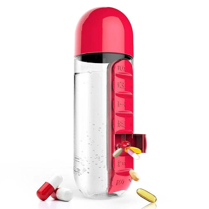 600ml Premium Plastic Water Bottle with Daily Pill Organiser - Durable, Leak-Proof Design with Integrated Supplement Storage