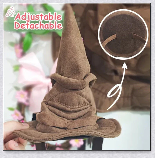 Sortband Halloween Witch Hat Headband in red, green, and brown colours with a detachable witch hat design