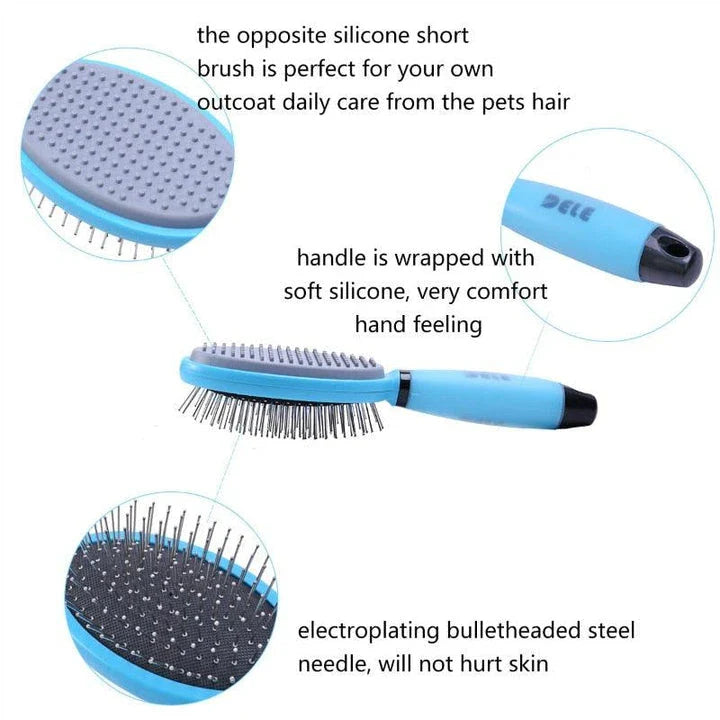 Dual-sided pet grooming and massage brush with soft bristles and metal pins for effective coat care and relaxation