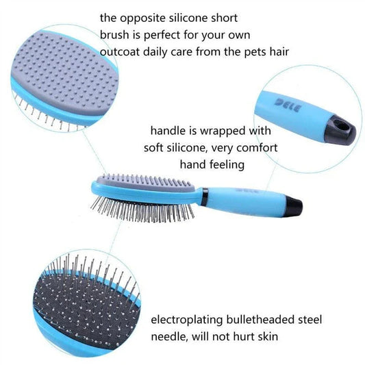 Dual-sided pet grooming and massage brush with soft bristles and metal pins for effective coat care and relaxation