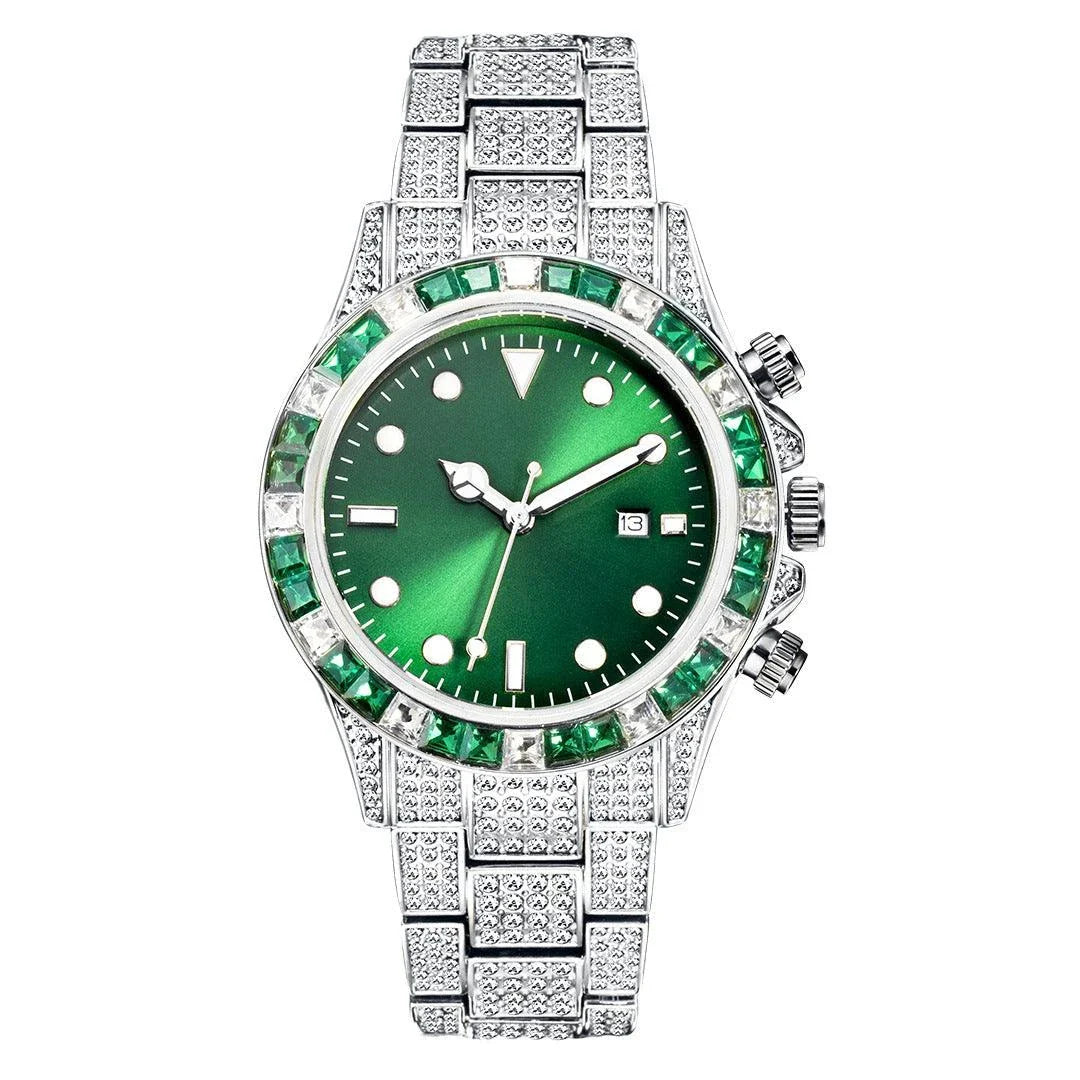 Premium diamond-encrusted green quartz watch with luminous display and sun pattern design
