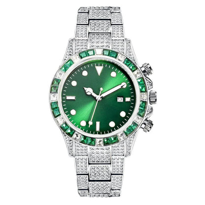 Premium diamond-encrusted green quartz watch with luminous display and sun pattern design