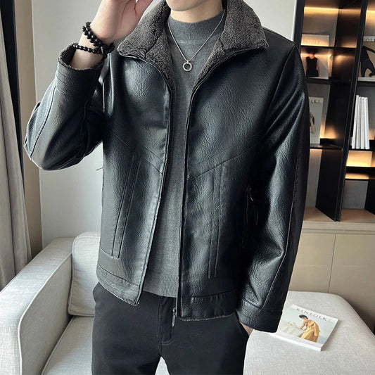 Premium plus-size leather jacket in classic Hong Kong style with velvet padding for exceptional comfort and warmth
