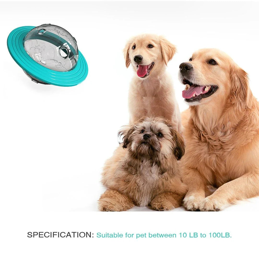 Dog playing with the interactive Dog Planet Treat Toy, a durable and engaging puzzle toy that stimulates a dog's cognitive abilities.