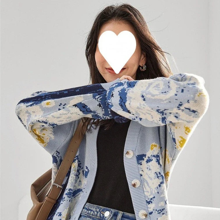A cosy, vintage-inspired knitted sweater for women, featuring a design inspired by the iconic artwork of Van Gogh.