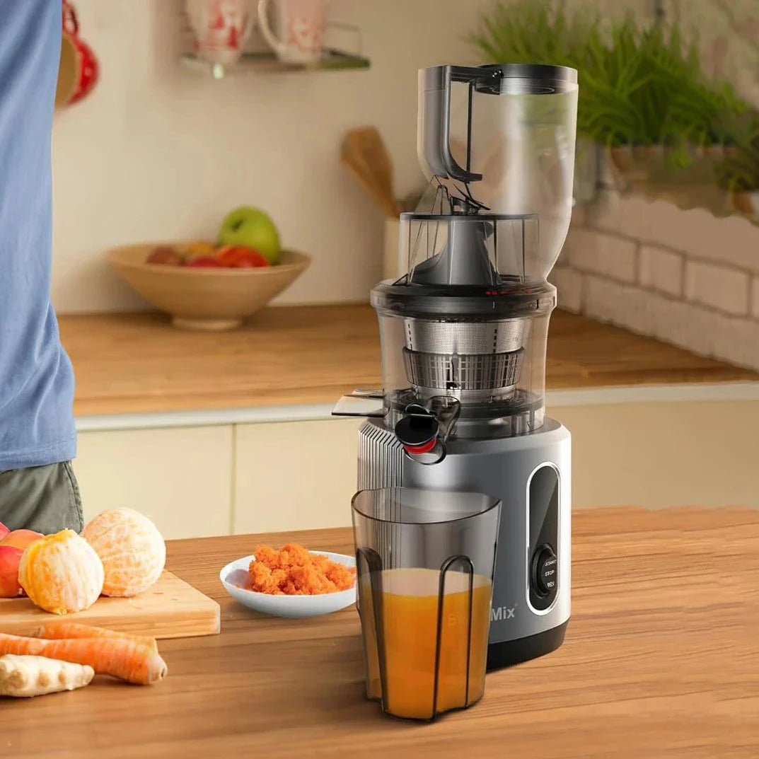 Premium cold press juicer with 200W motor, slow masticating process, and 3-inch wide feed chute for whole produce juicing