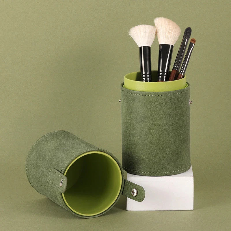 Premium green makeup brush holder with ample storage space for brushes, pencils, and other beauty essentials