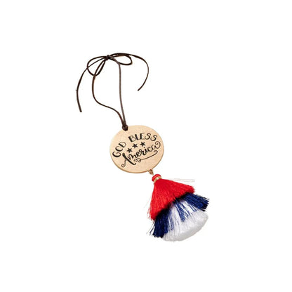 God Bless America Car Charm with Vibrant Red and Blue Tassels, Crafted with Premium Materials for Long-Lasting Use
