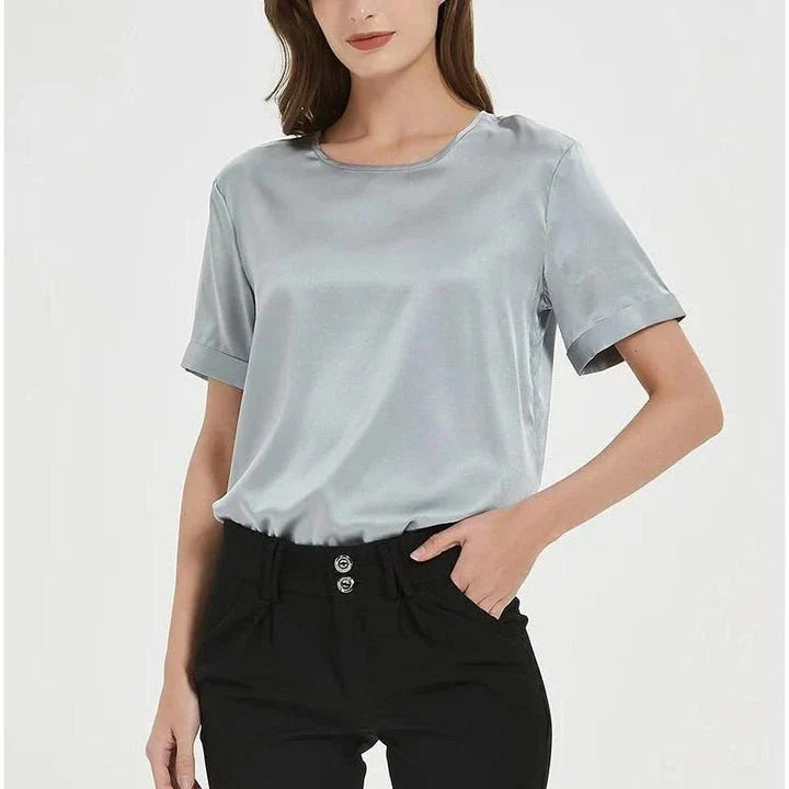 Elegant navy silk t-shirt with a classic, versatile design for the modern British woman's summer wardrobe