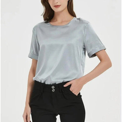 Elegant navy silk t-shirt with a classic, versatile design for the modern British woman's summer wardrobe