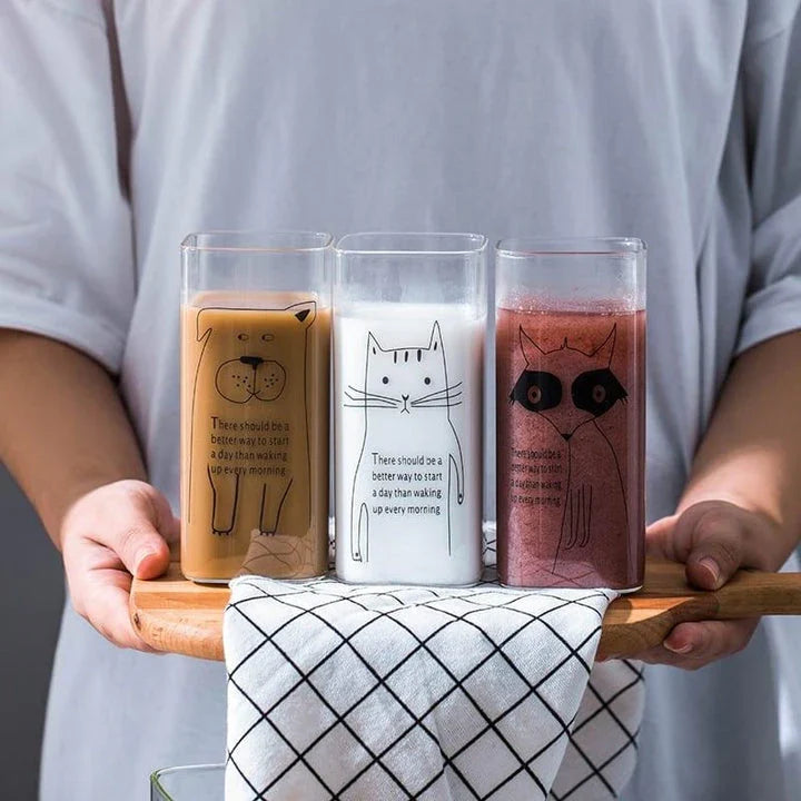 Charming animal-themed glassware with adorable pig, cat, and dog designs, made from durable, eco-friendly glass