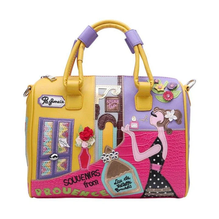 Stylish European and American-inspired women's tote bag with cartoon embroidery, suitable for use as a handbag, shoulder bag, or travel bag
