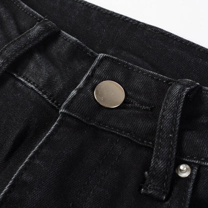 Premium ripped black jeans with stylish green patchwork design, made with medium-elastic fabric for comfort and a slim, flattering silhouette.