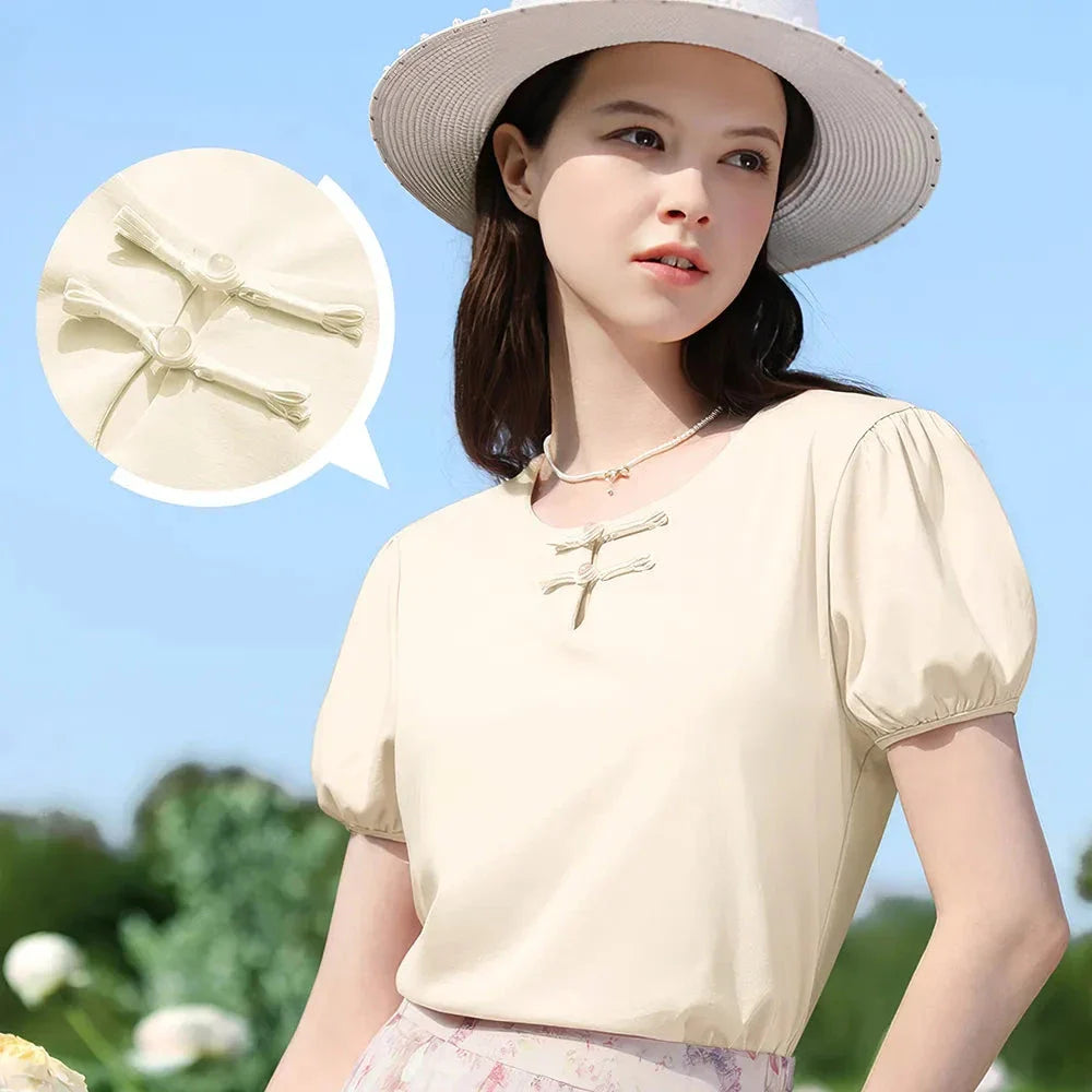 Women's elegant puff-sleeve summer top in a classic solid pattern and Chinese-inspired design