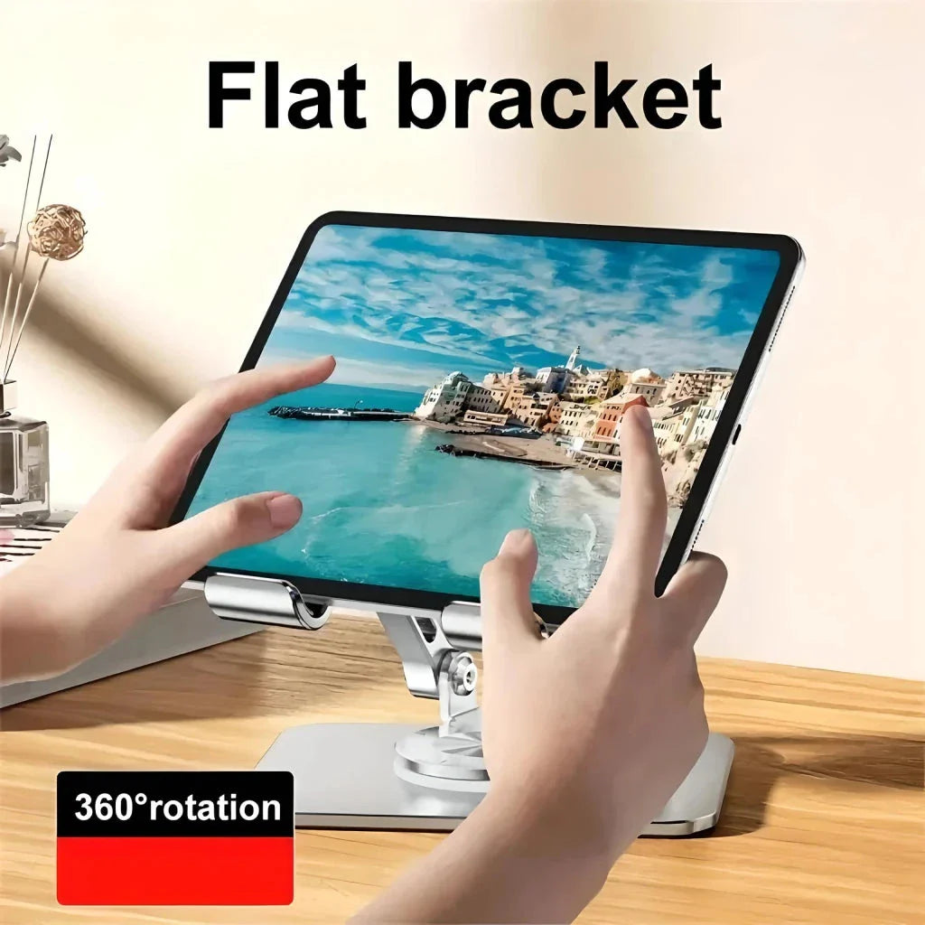 Premium Adjustable 360° Rotating Tablet and Phone Stand made of durable aluminium alloy, foldable for easy travel