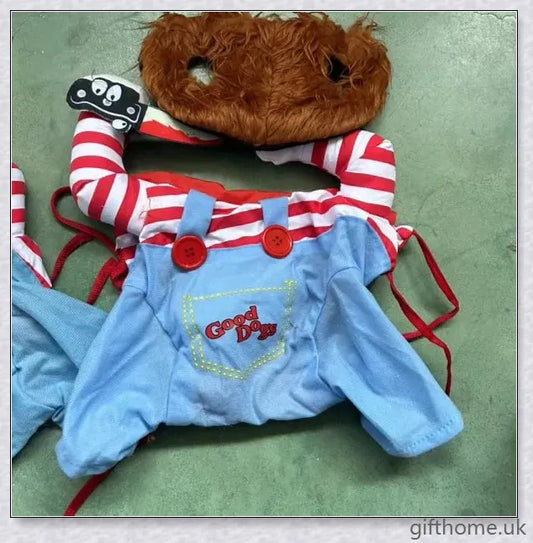 A pet dog wearing an adorable Halloween costume with a swinging arm accessory, designed for comfort and style.