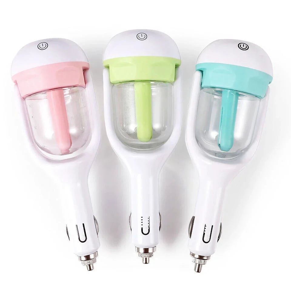 Compact mini car steam humidifier and aroma diffuser with pink colour, designed to improve air quality and promote relaxation in your vehicle