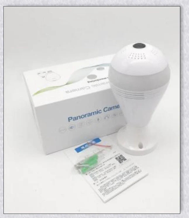 Discreet 1080p 360-degree panoramic WiFi security camera hidden in a light bulb design for comprehensive home surveillance