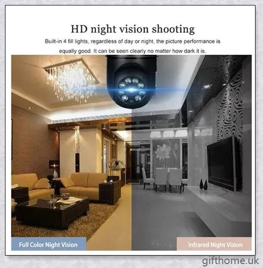 5G Wi-Fi smart home surveillance bulb camera with 360-degree coverage, night vision, and remote monitoring capabilities