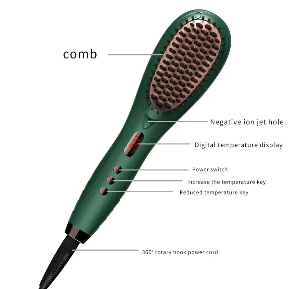 Premium Hair Straightening and Curling Brush with adjustable temperature, anti-scald technology, and anion function for frizz control