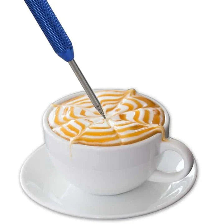 Premium stainless steel latte art pen with double-ended design for creating intricate coffee art patterns