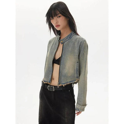 Retro Distressed Short Jacket with fur-trimmed sleeves, zipper closure, and chic O-neck design