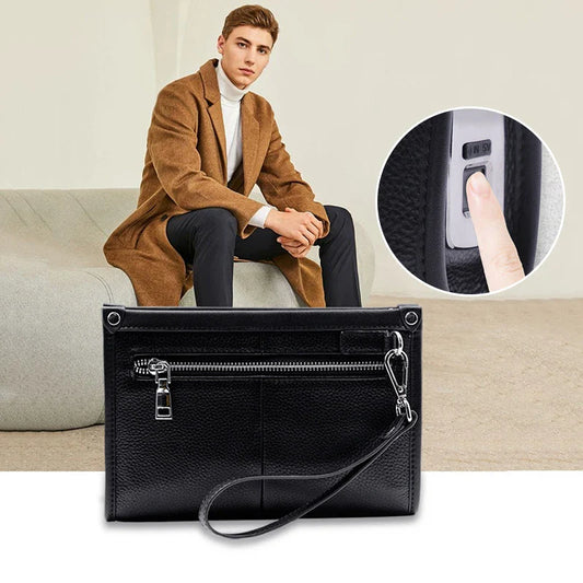 Premium leather handbag with fingerprint lock security in black colour, showcasing a spacious interior and sleek design