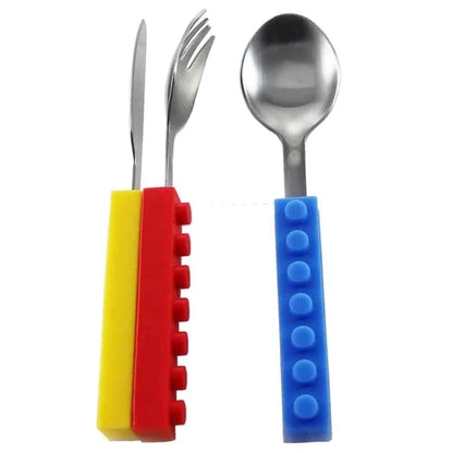 A colourful cutlery set with a decorative brick pattern, made of durable metal and featuring a knife, fork, and spoon.