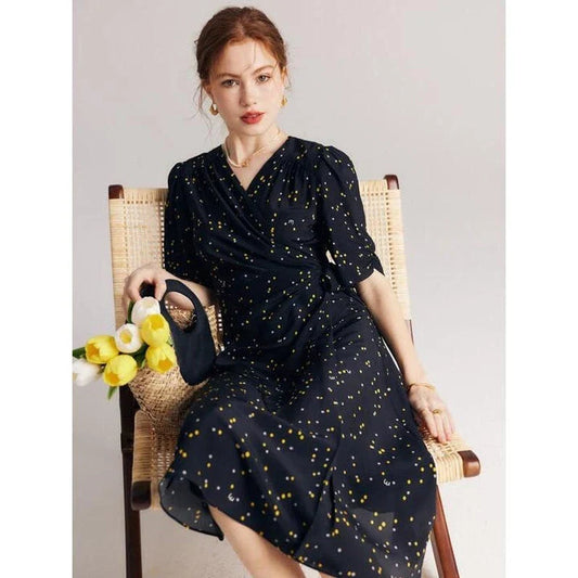 Elegant black polka dot silk wrap dress for women with chic V-neck and empire waistline