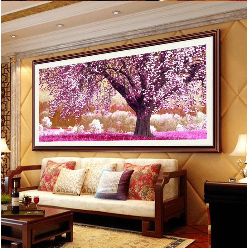 Exquisite forest landscape painting with blooming flowers and rich, verdant trees